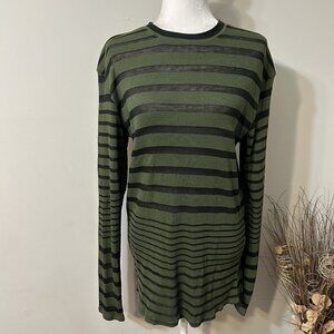 Vtg Hybrid Threads Women Long Sleeve Olive Green Black Striped Waffle Top Size M